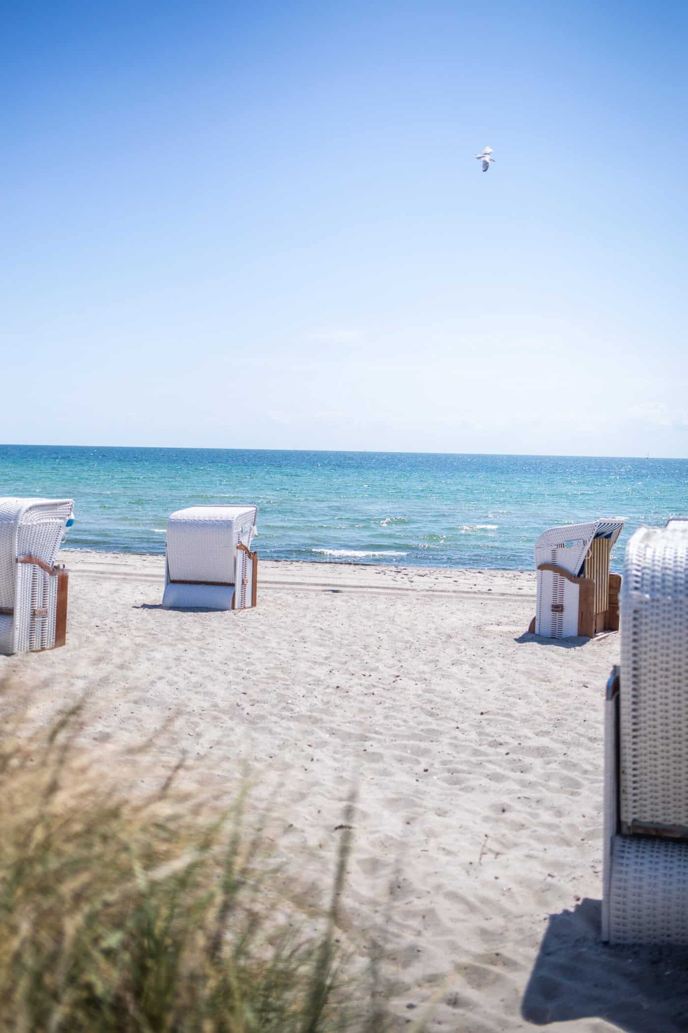 Fehmarns Südstrand mit Blick aufs Meer und Strandkörbe