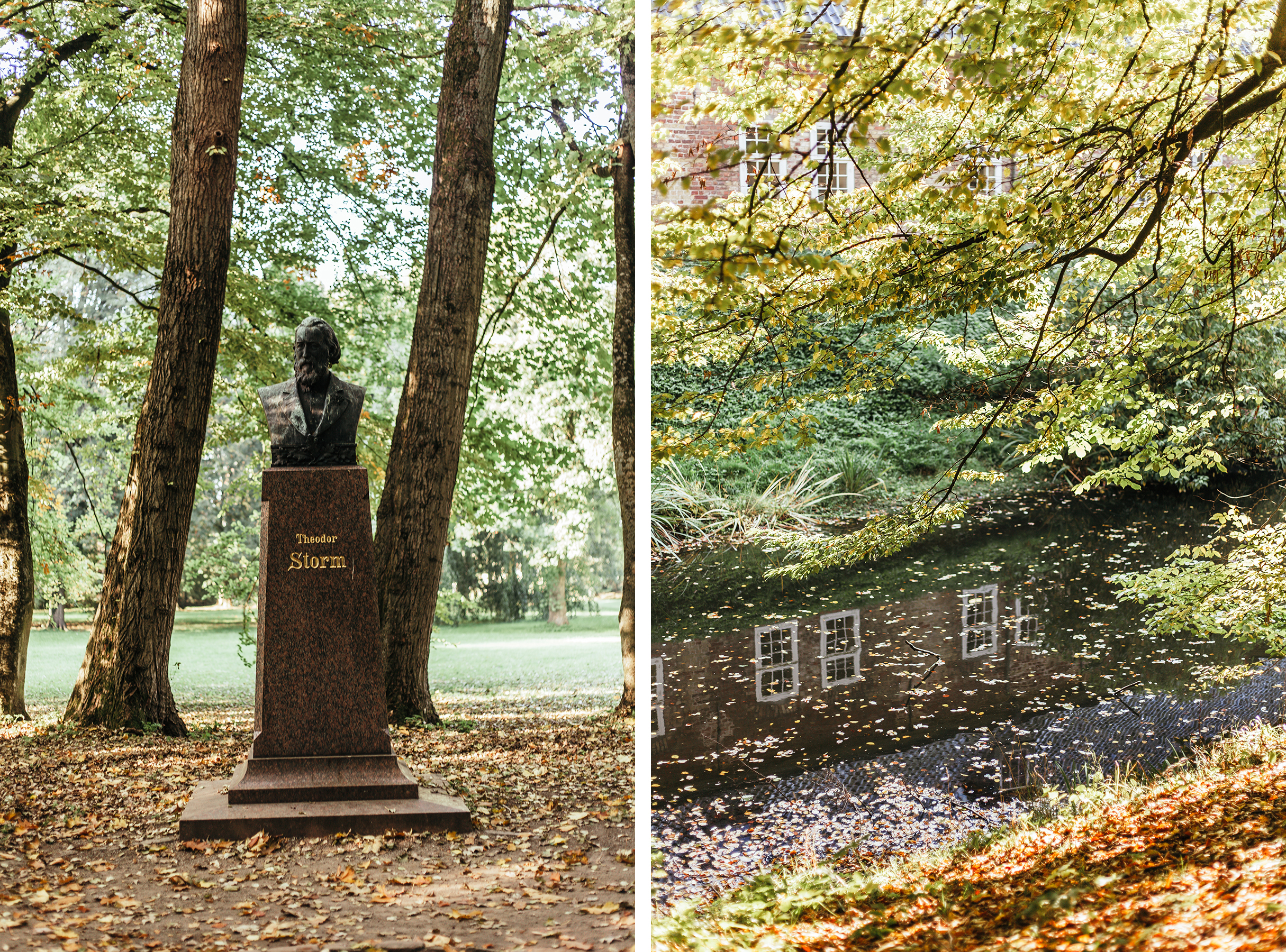 Eine Statue von Theodor Storm und ein Bach im Husumer Schlosspark