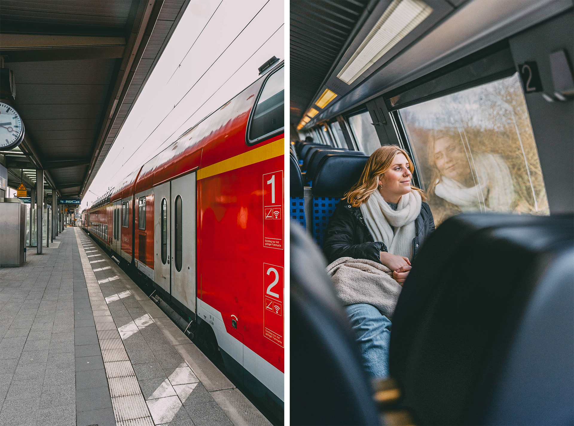 Der Doppelstockzug der DB Regio SH am Gleis eines Bahnhofs und Maya auf einem Sitzplatz im Doppelstockzug