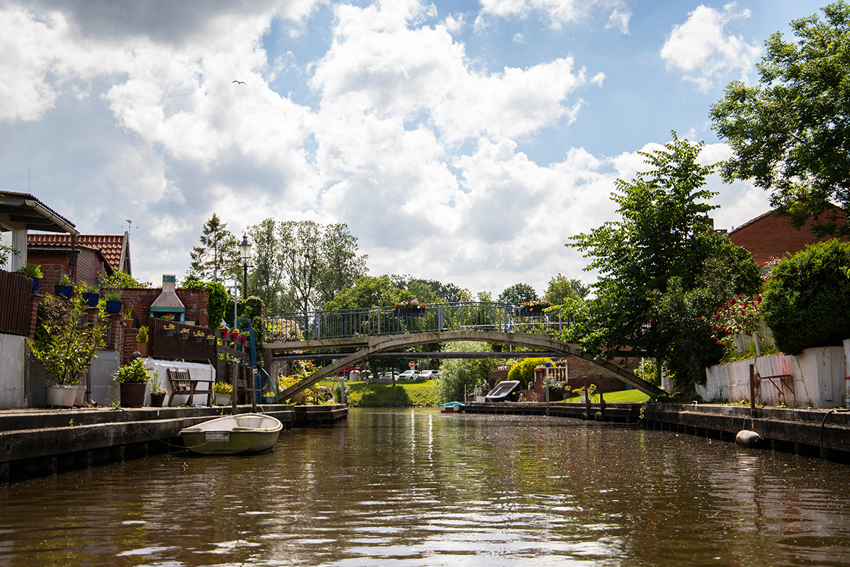 Die Treene, Bäume und eine Brücke