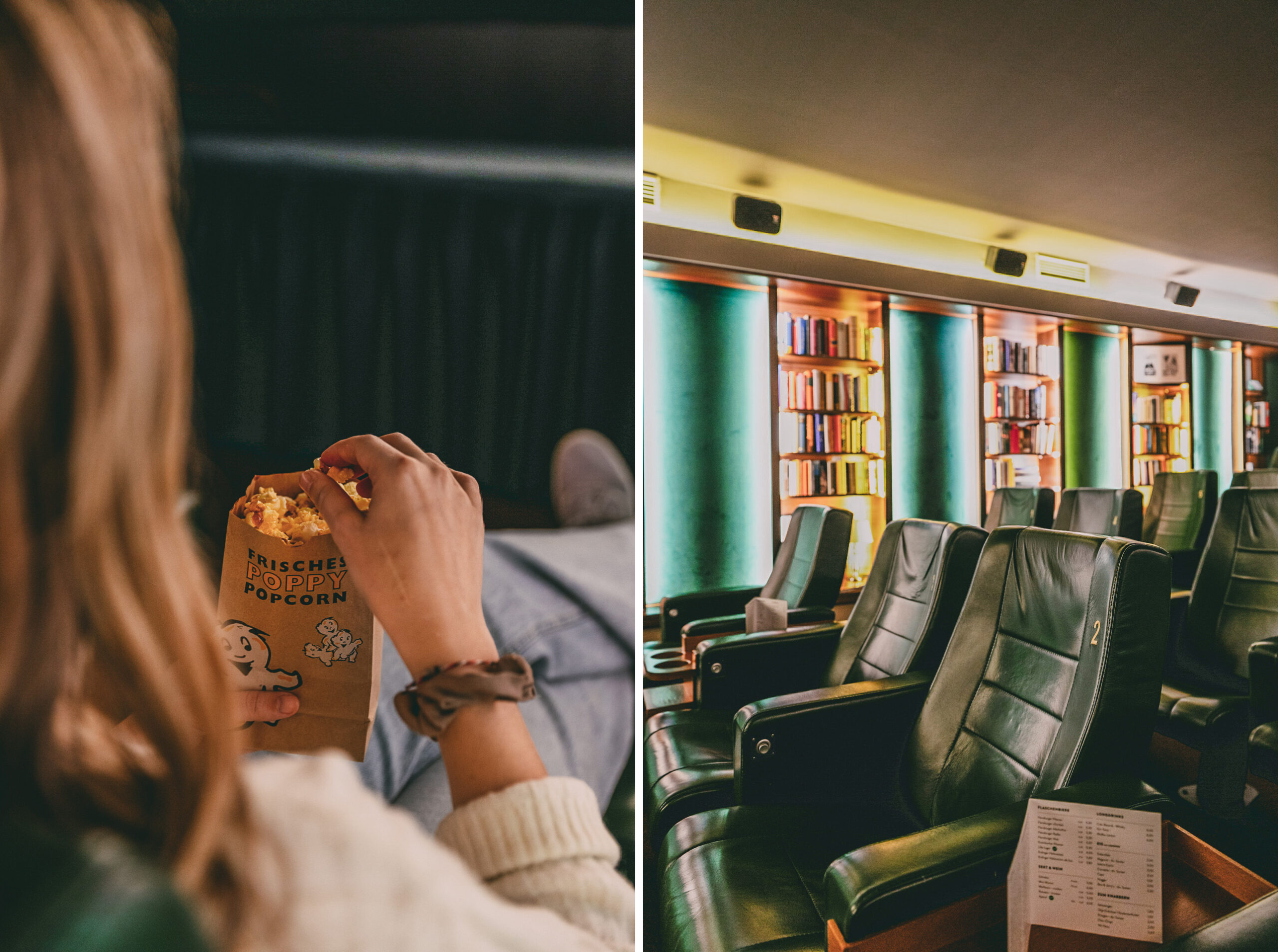 Finja T. genießt ihr Popcorn in der smaragtgrün eingerichteten Truffauts Filmlounge im Schauburg Filmtheater