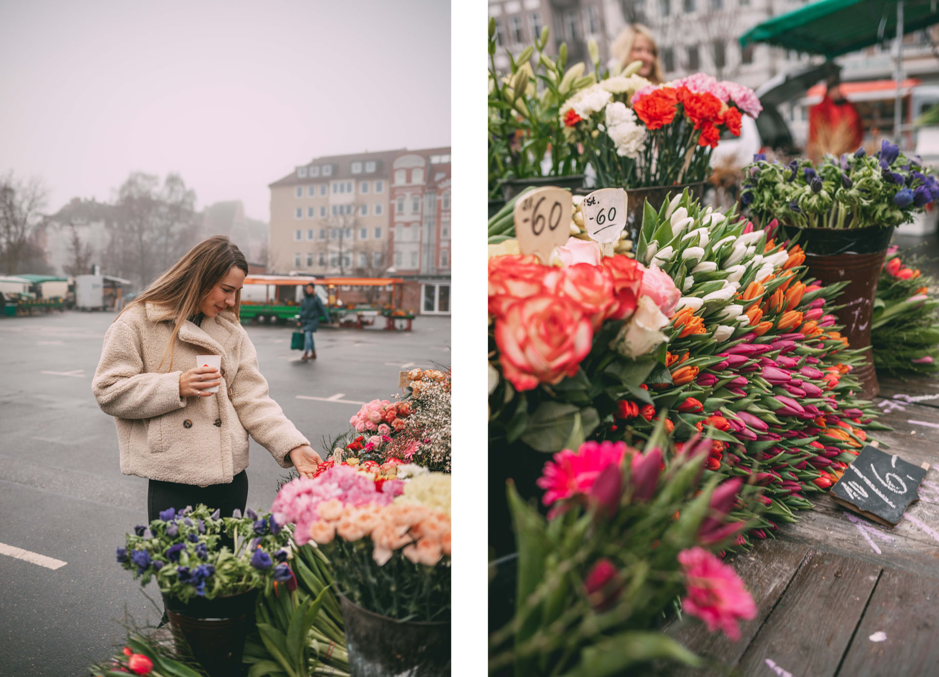 Finja steht auf dem Wochenmarkt auf dem Blücherplatz vor verschiedenen Blumen an einem Blumenstand