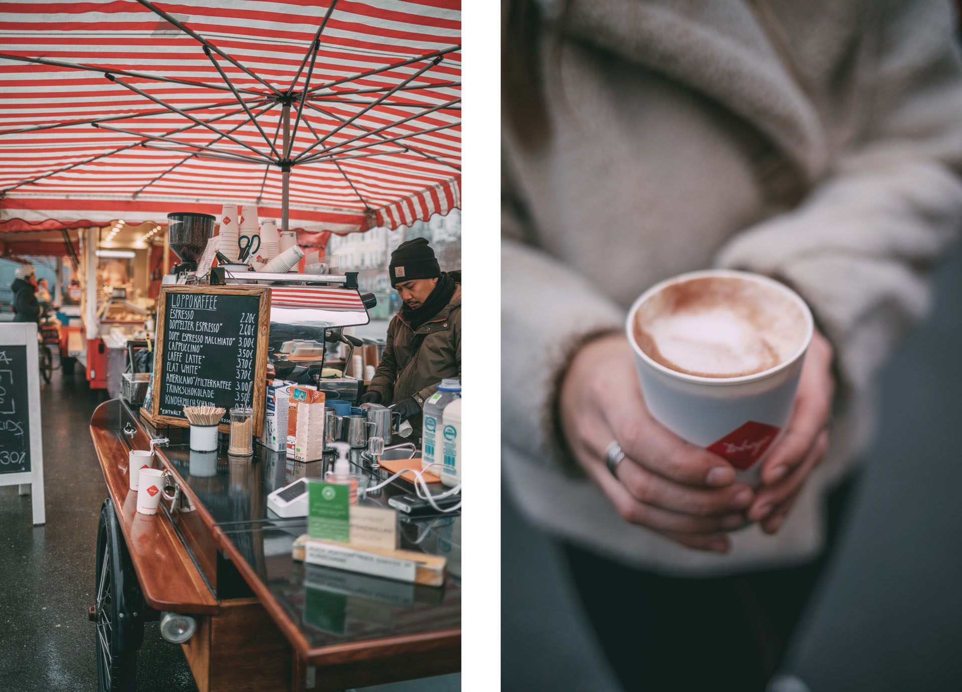 Eine Bildcollage. Links ein Bild des Kaffeestands von Loppo Kaffee auf dem Wochenmarkt auf dem Blücherplatz. Rechts ein Bild von einem Coffee-to-go in einem nachhaltigen Mehrwegbecher.