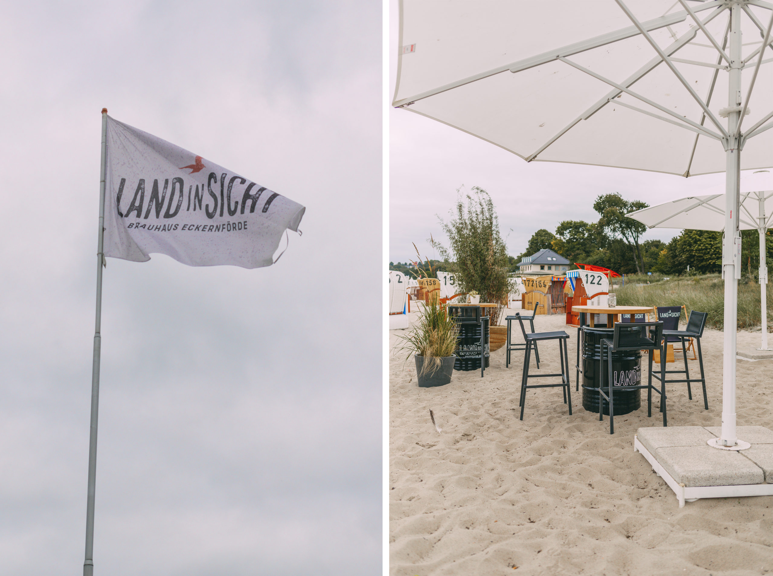 Flagge und Strandbar von Land in Sicht