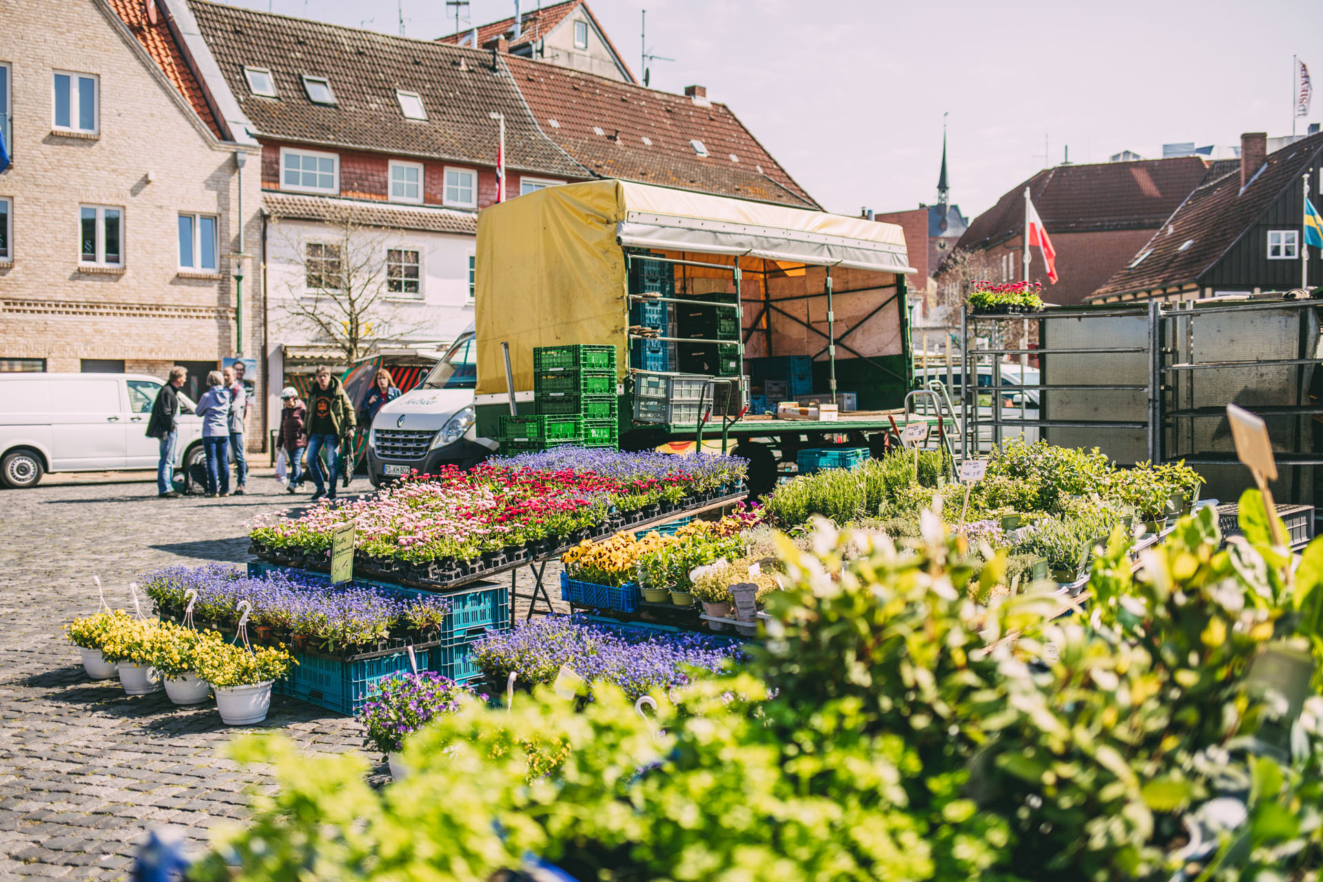 Zu sehen sind Blumentische auf dem Wochenmarkt auf dem Schiffbrückenplatz