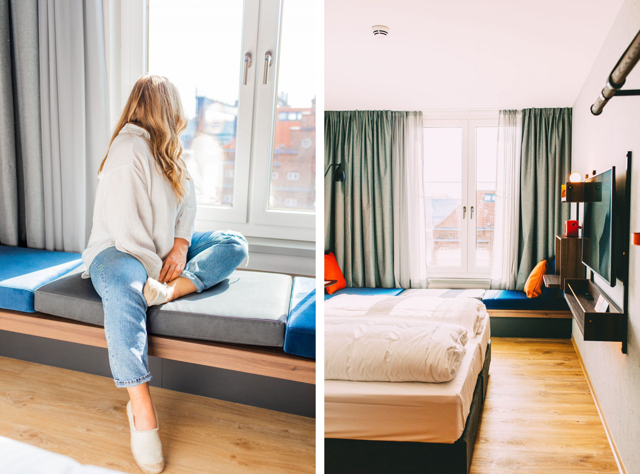 Sina sitzt auf der gepolsterten Fensterbank auf einem der Hotelzimmer und schaut aus dem Fenster