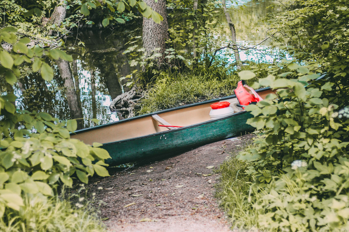 Ein Kanu am Waldufer