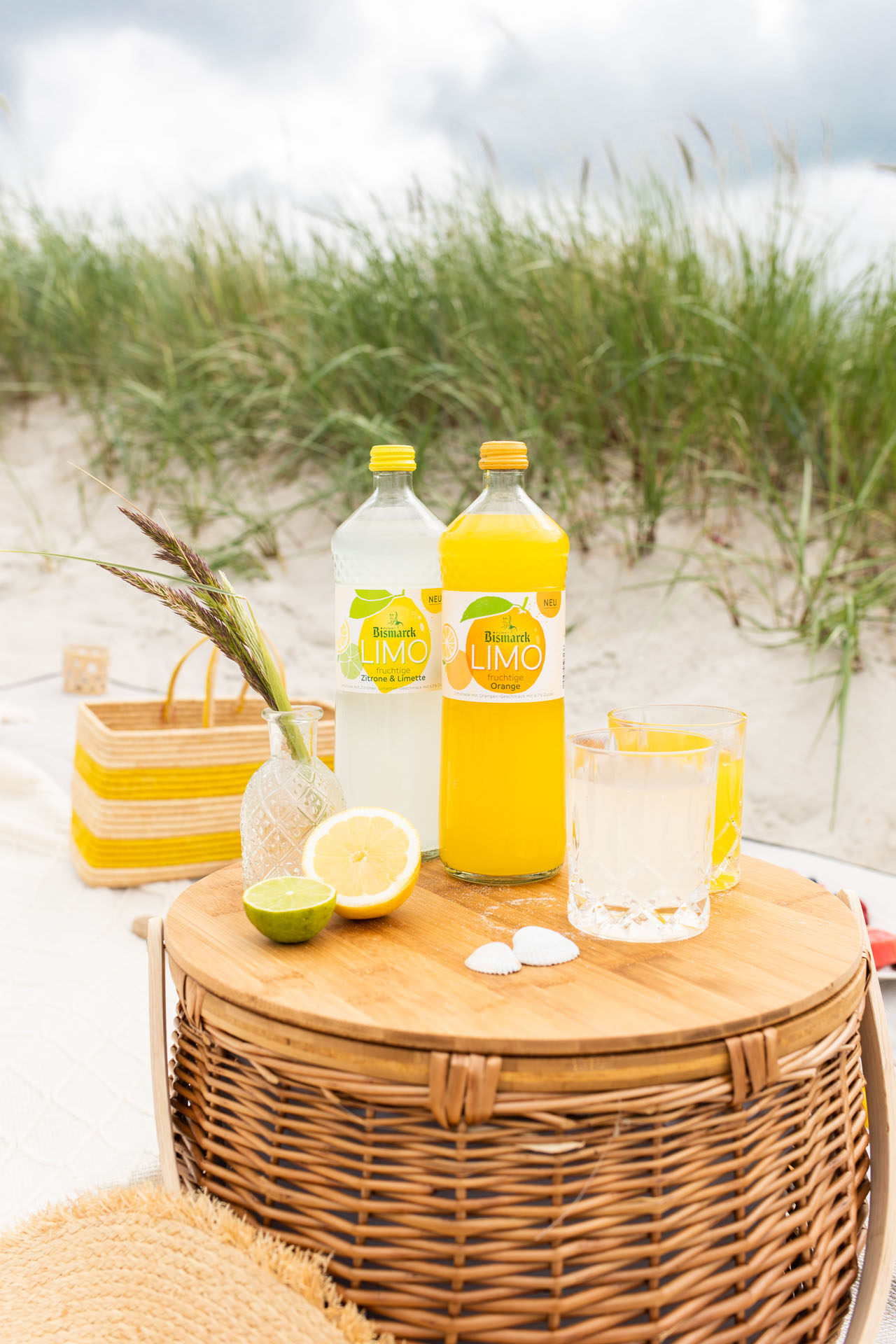 Picknick am Strand von Stein: Finja auf der Picknickdecke mit Fürst Bismarck Limos