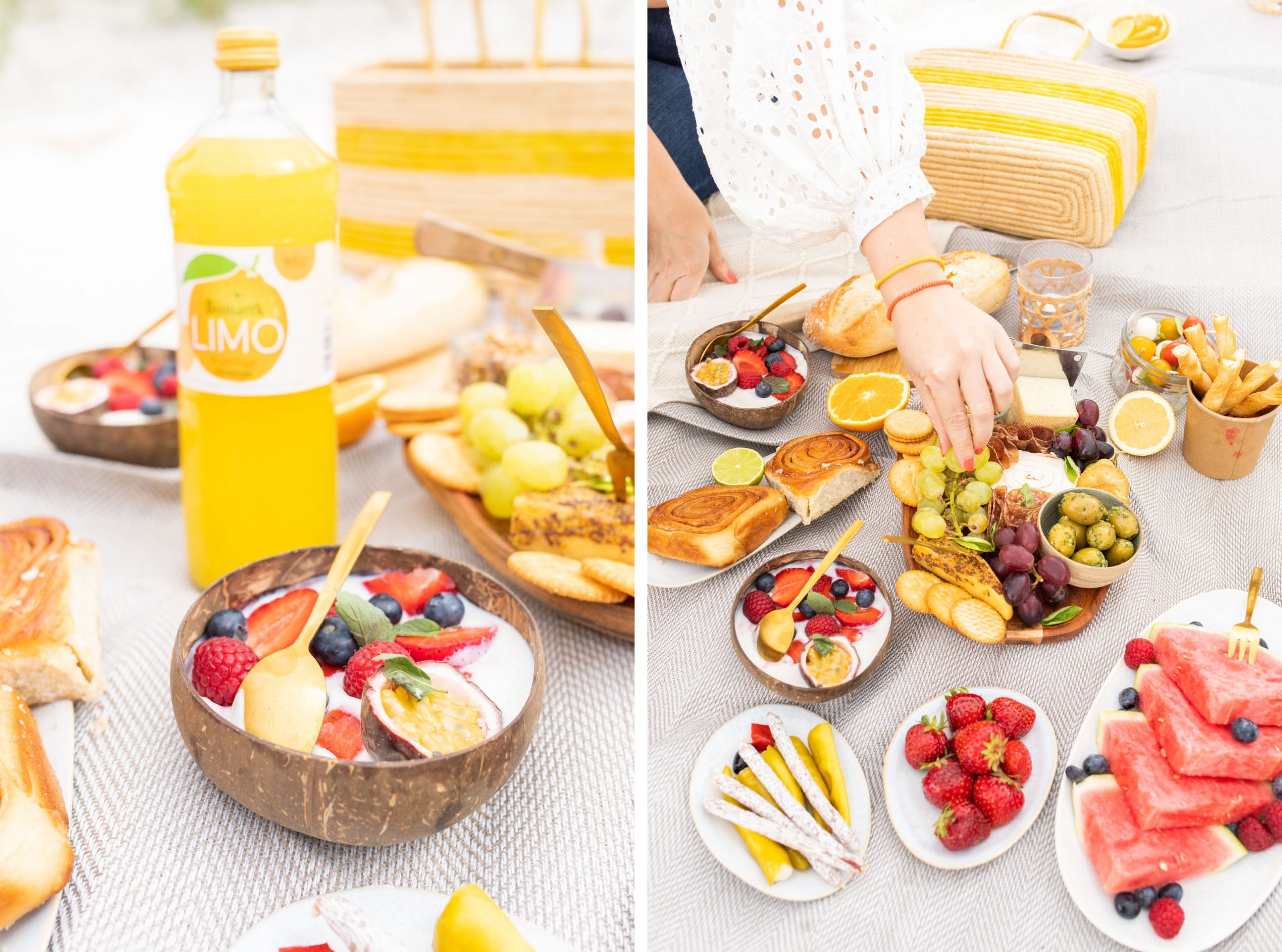 Picknick am Strand von Stein: Finja auf der Picknickdecke mit Fürst Bismarck Limos