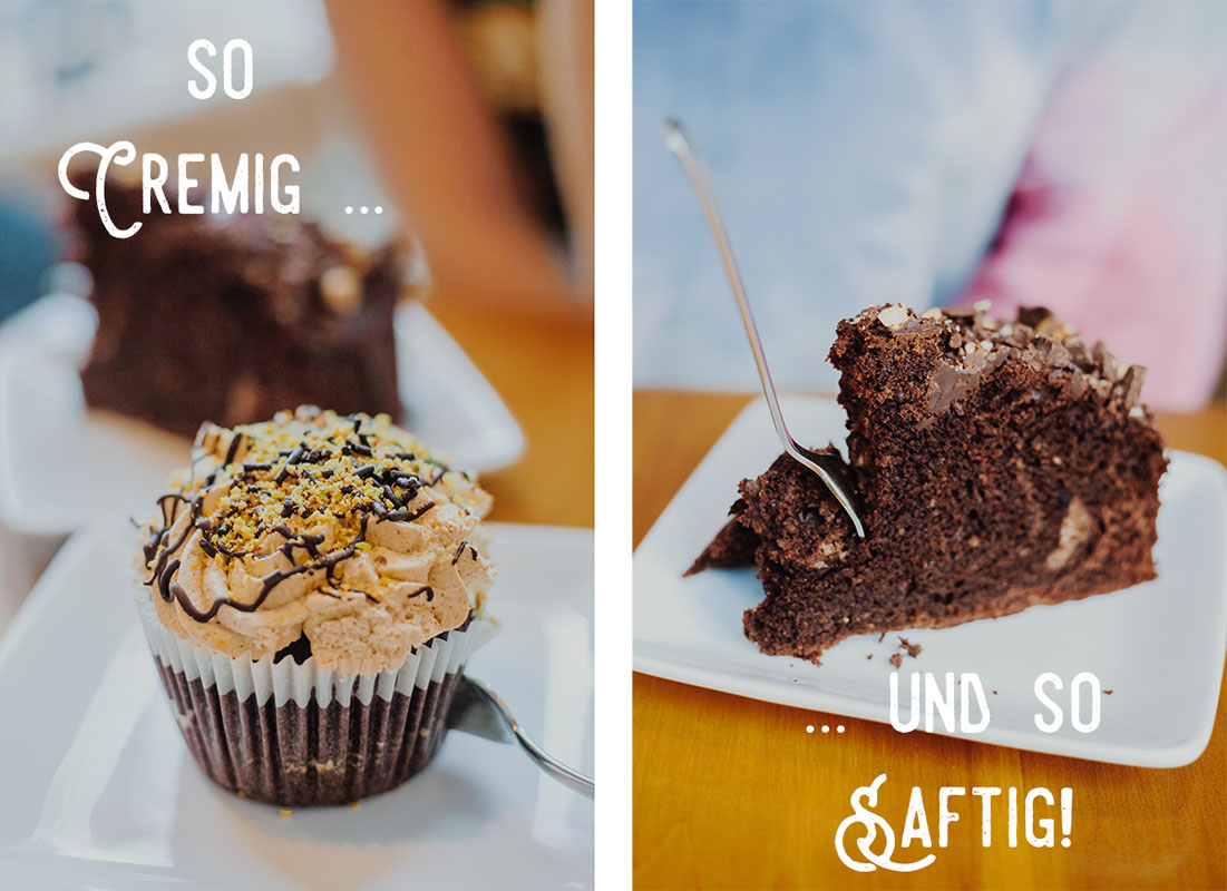 Ein veganer Cupcake und ein Stück veganer Schokokuchen