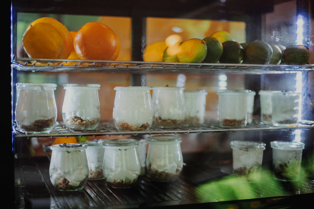 Eine Vitrine mit Nachtisch im Glas und Obst