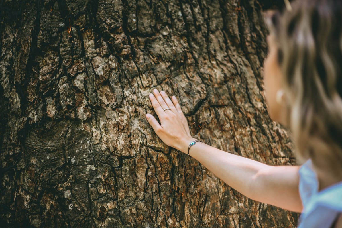 Finja fasst den Baum an