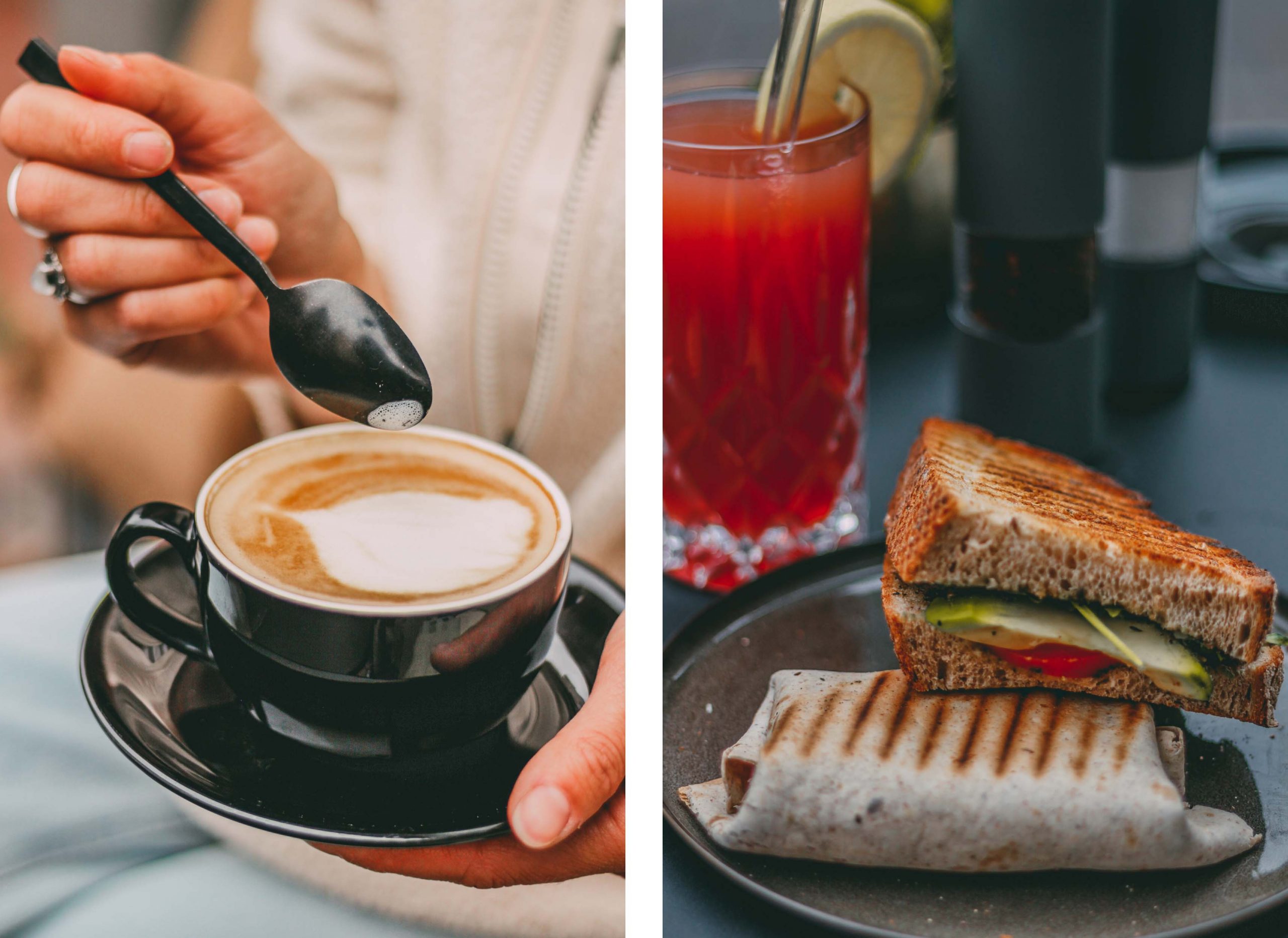 Eine Tasse Kaffee, ein Avocado-Sandwich, ein Wrap und eine Erdbeerlimonade