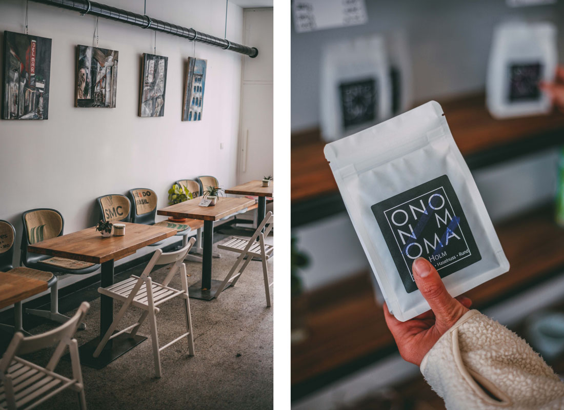 Tische, Stühle und eine Packung Kaffee im onoma Café