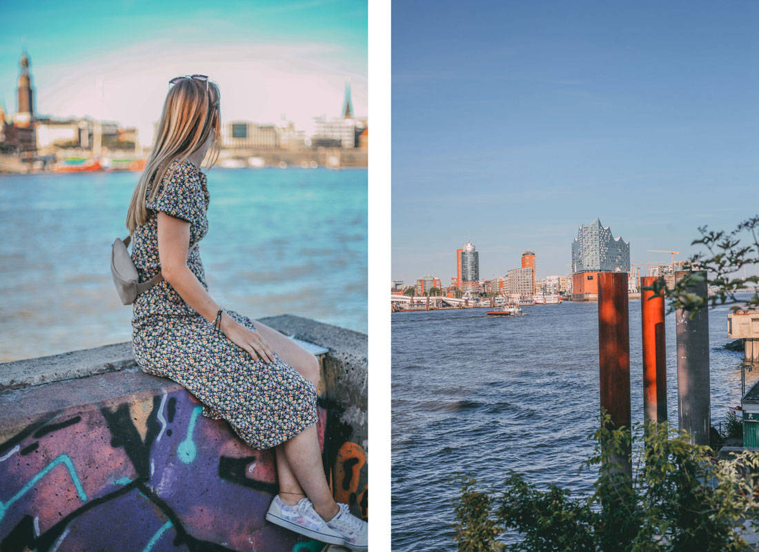 Finja sitzt am Aussichtspunkt auf die Elbe, in der Ferne die Elbphilharmonie