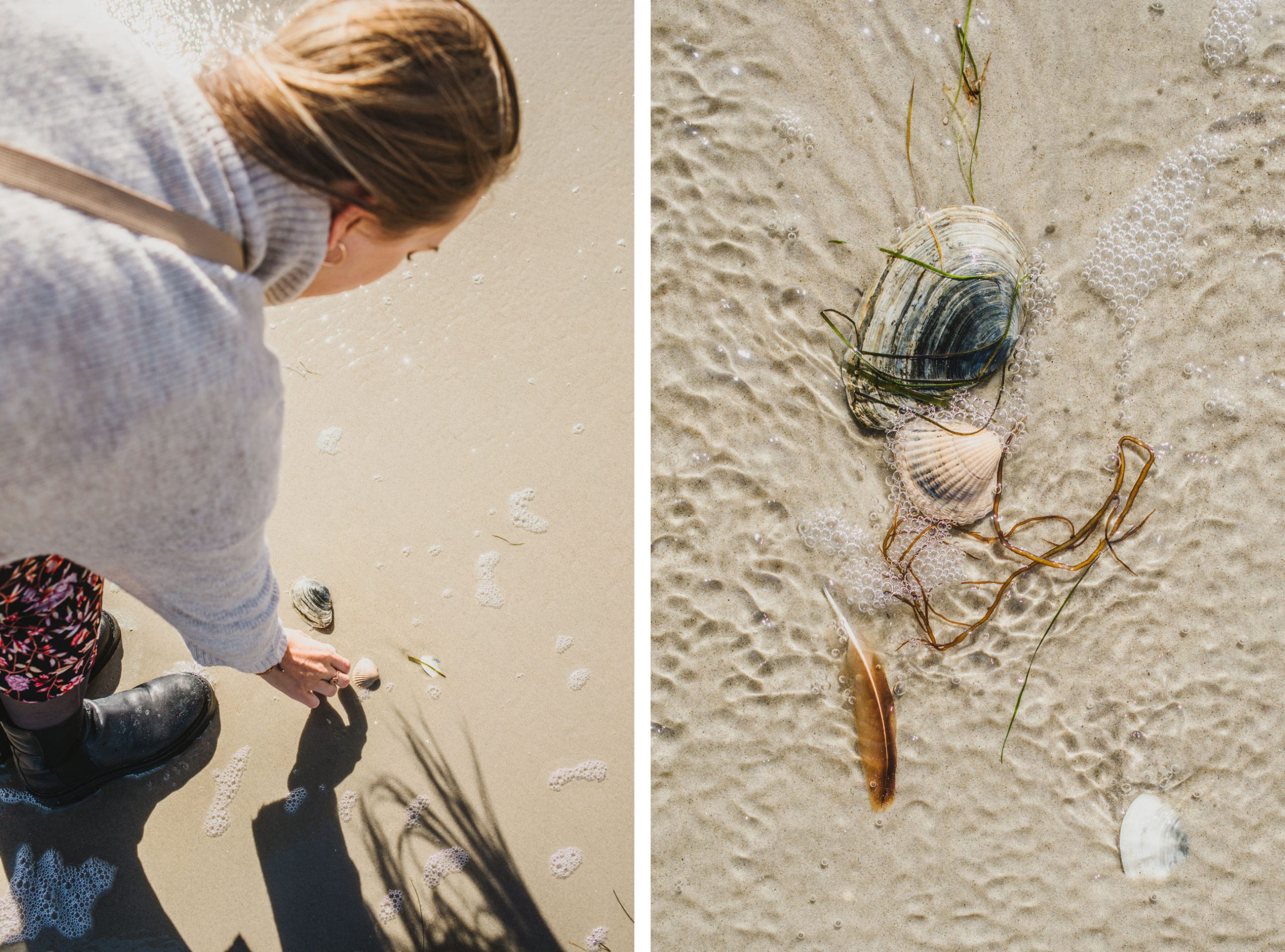 Finja sammelt Muscheln am Strand von St. Peter-Ording