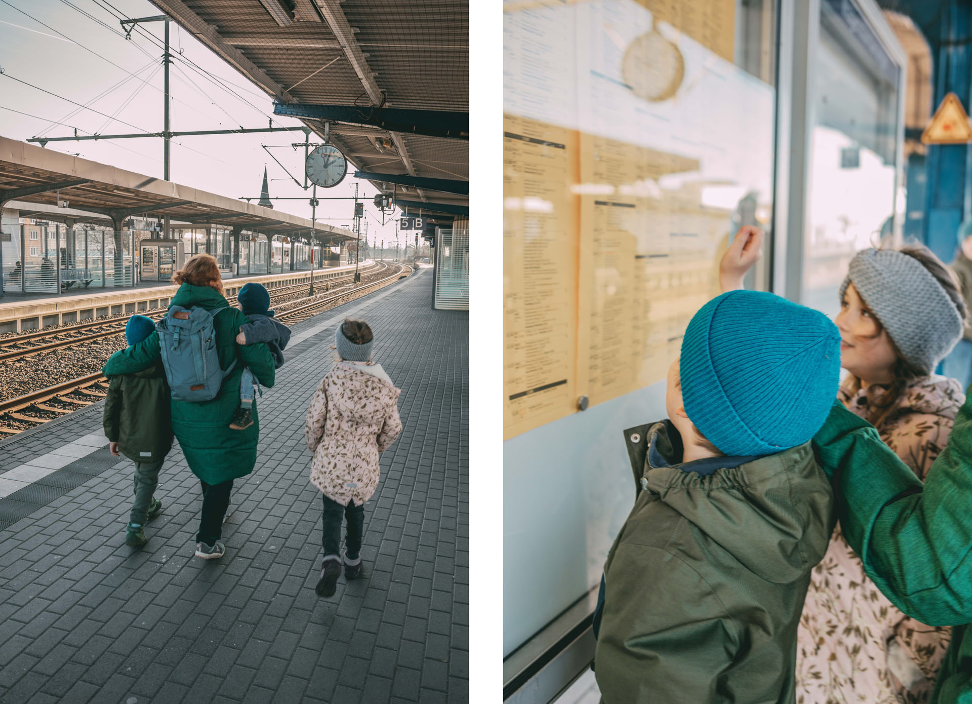 Eine Familie geht am Bahnsteig entlang und ein kleiner Junge zeigt auf eine Zugtafel