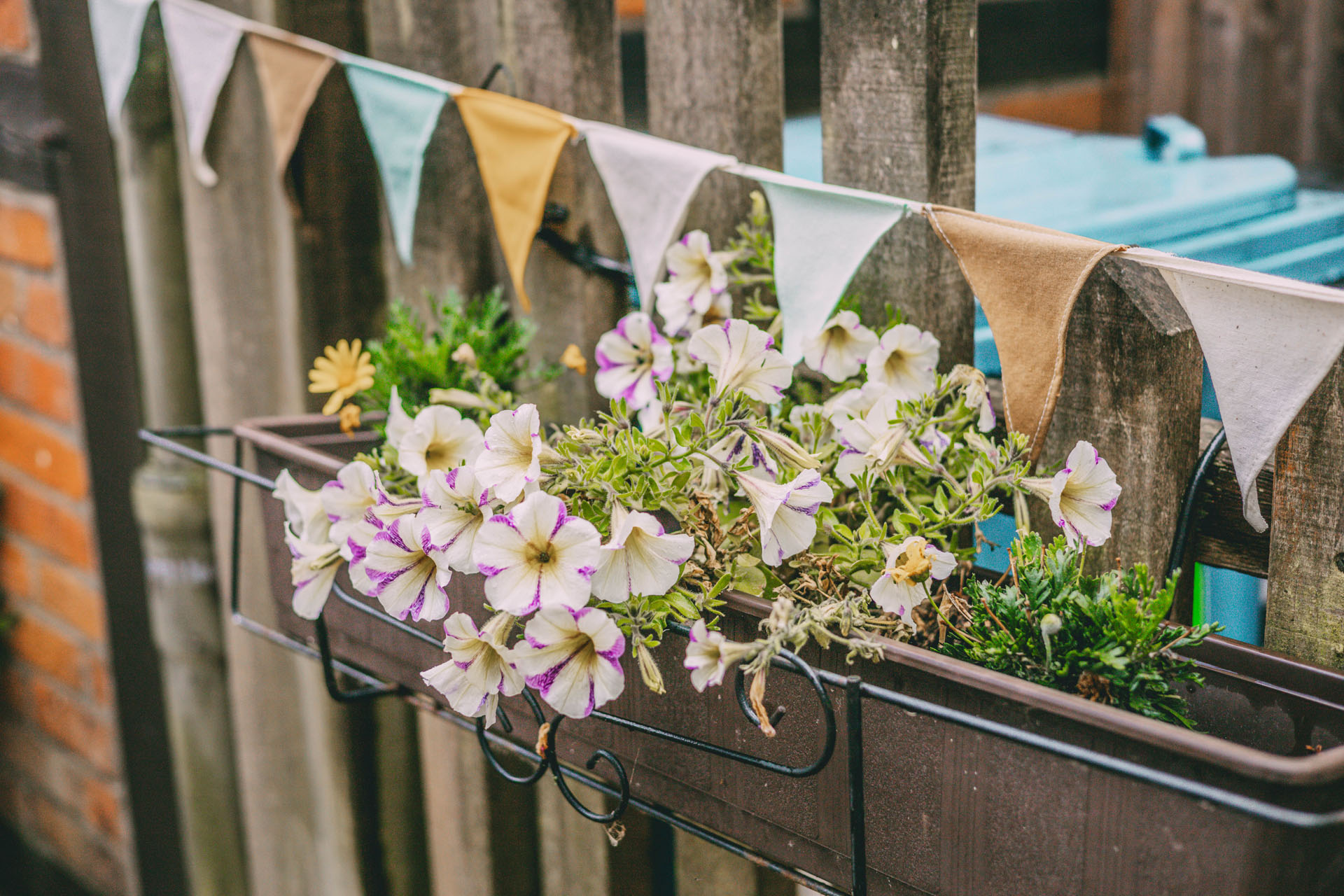 Zaun in Bad Oldesloe mit Blumenkästen und Wimpeln