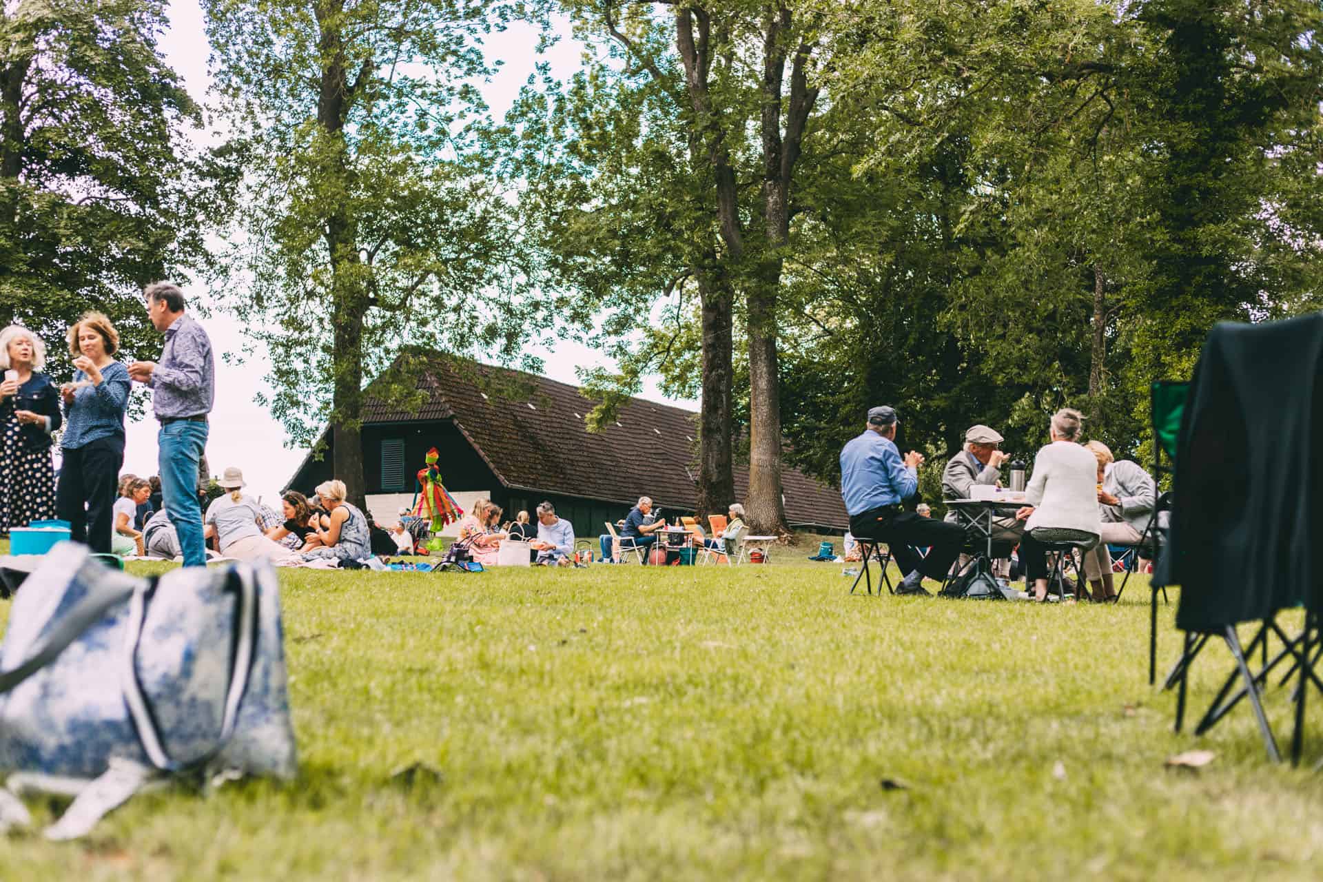 Menschen picknicken auf einer Wiese