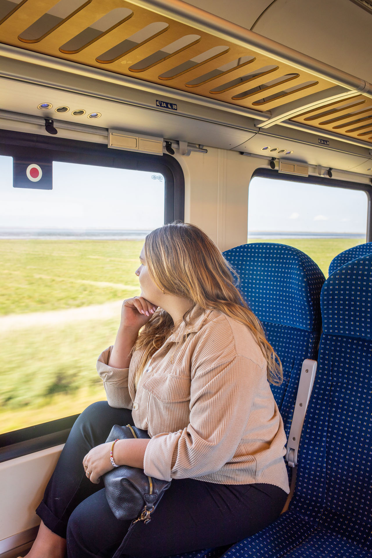 Mit dem Zug an die Nordsee: Sina Hoyer blickt aus dem Fenster der Regionalbahn der DB 