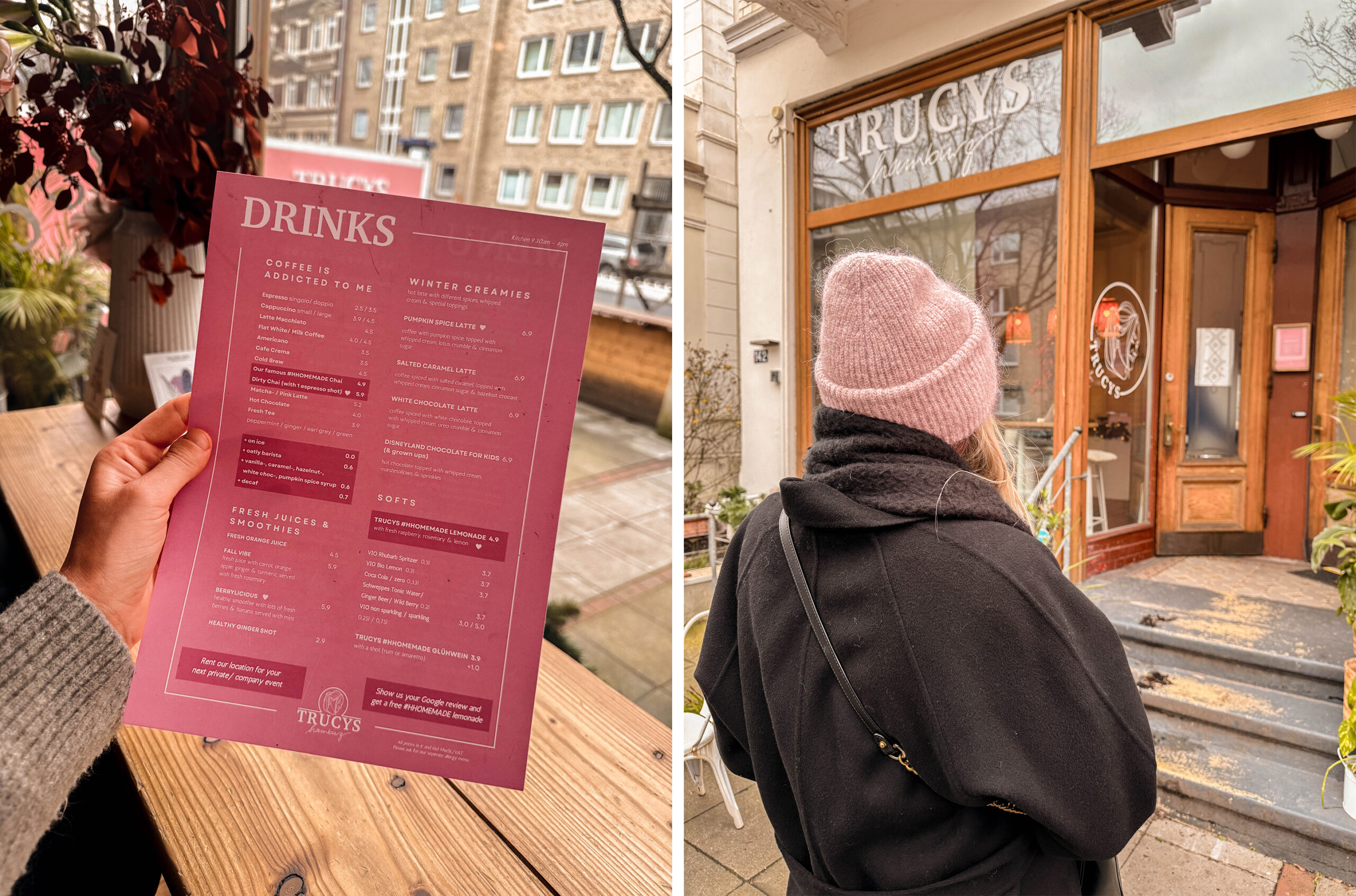 Die Speisekarte und die Außenansicht von Trucys Café in Hamburg