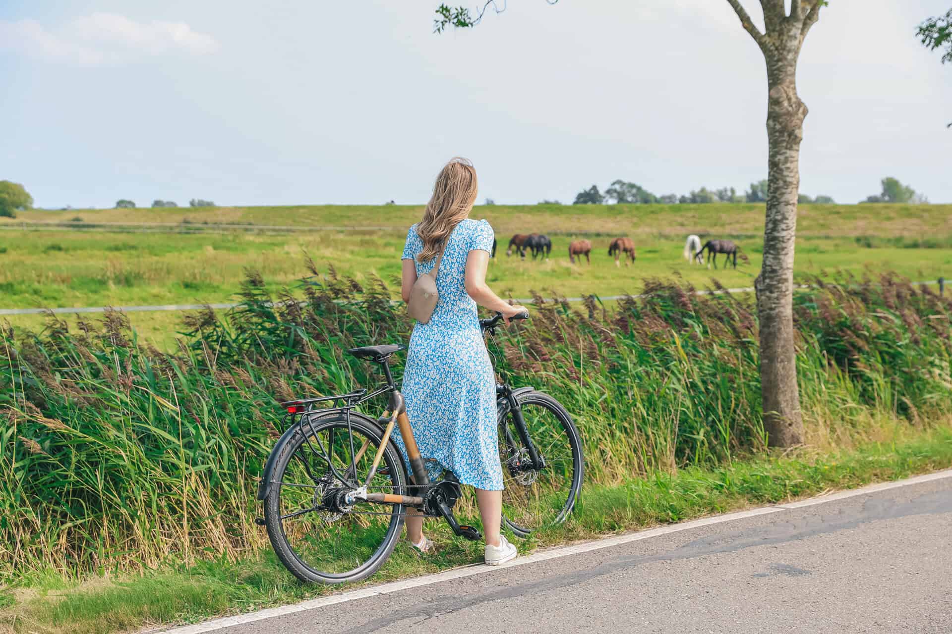 Finja steht mit dem Fahrrad vor einer Pferdeweide